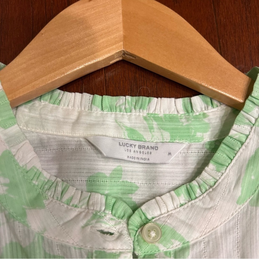 Lucky Brand Puff Sleeve Popover Blouse green multi-floral 100% cotton NWT size M - Picture 6 of 9